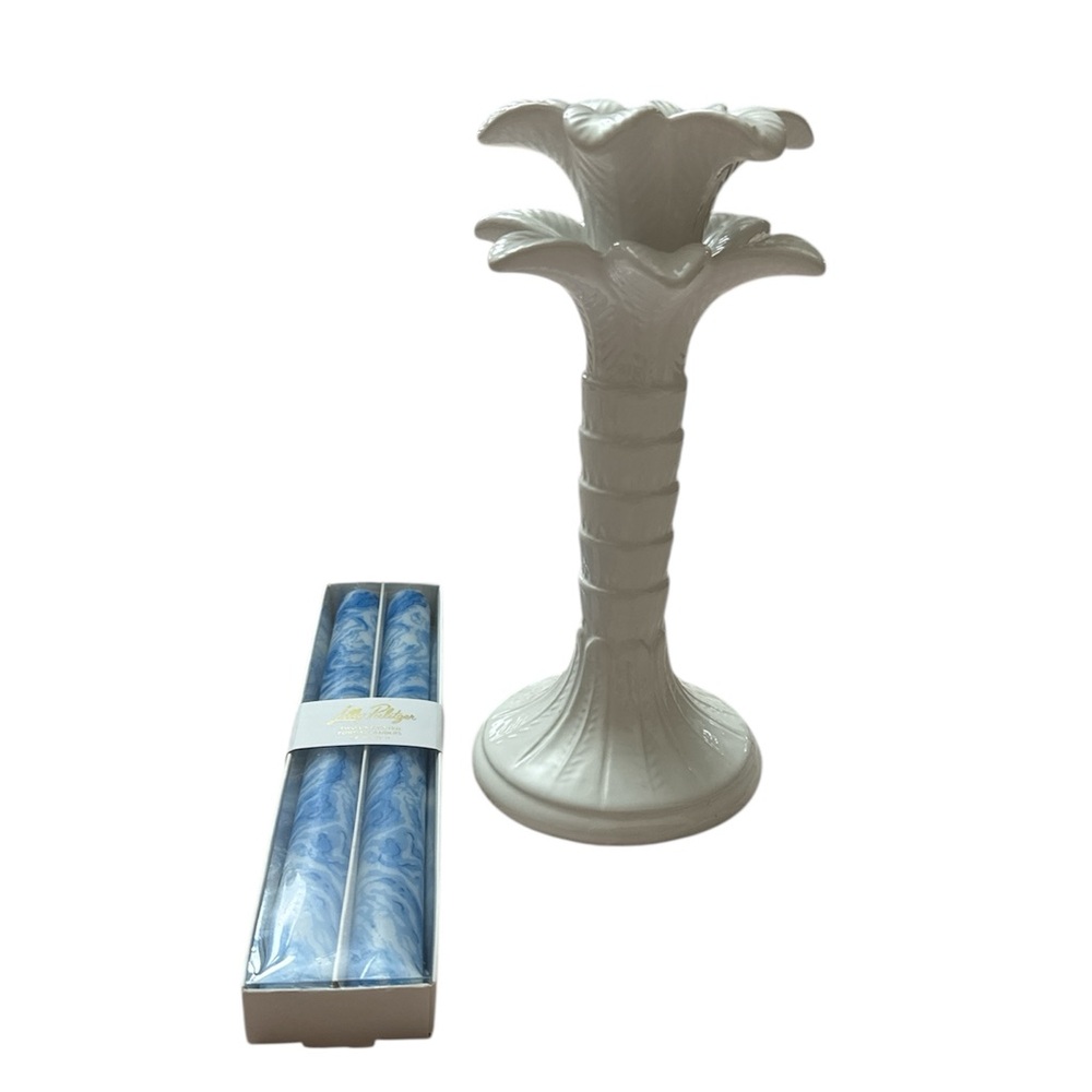 Lilly Pulitzer Ceramic Palm Candle Stick Holder and Two Lilly Candles
